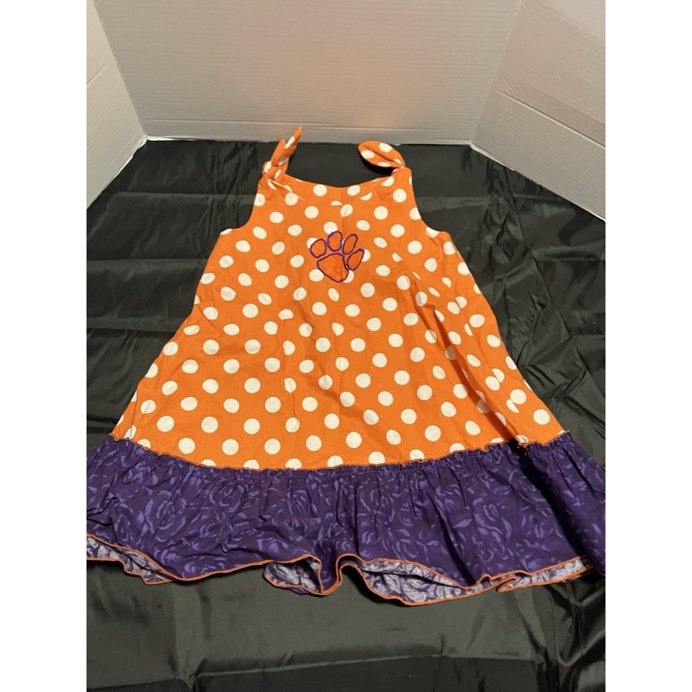 Handmade Clemson Tigers Toddler Girl Summer Orange/Purple Cotton Polka Dot Dress
